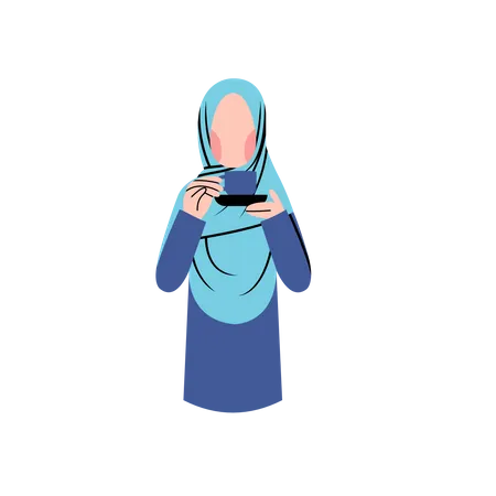 Une femme porte le hijab et boit du café dans une tasse et une soucoupe  Illustration