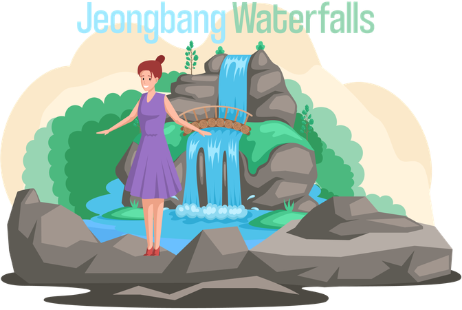 Femme posant à la cascade de Jeongbang  Illustration