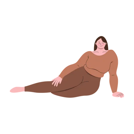 Femme potelée portant une combinaison d'exercice pose assise  Illustration