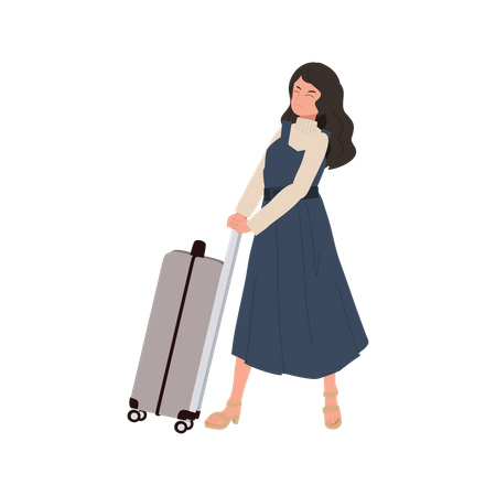 Femme poussant une lourde valise  Illustration