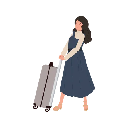 Femme poussant une lourde valise  Illustration