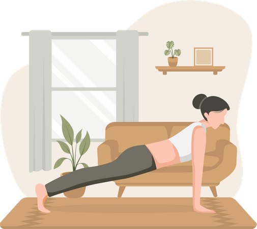 Femme pratiquant le yoga à la maison  Illustration