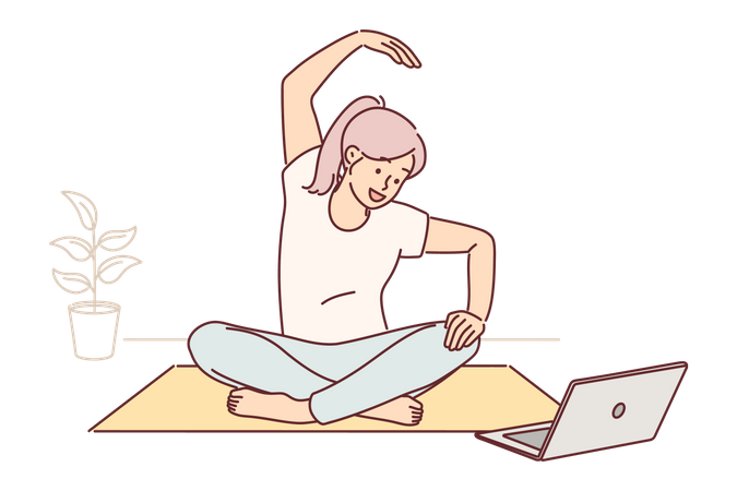 Femme pratiquant le yoga à partir d'un didacticiel en ligne  Illustration