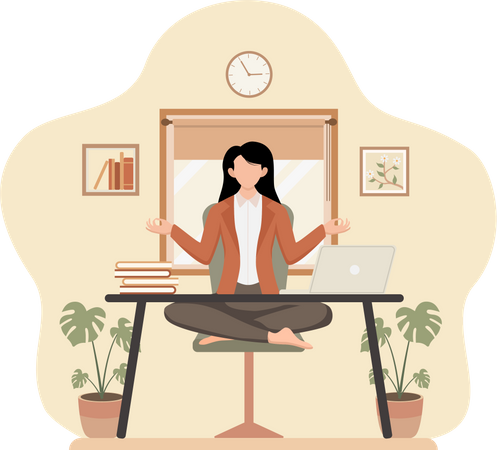 Femme pratiquant le yoga au bureau  Illustration