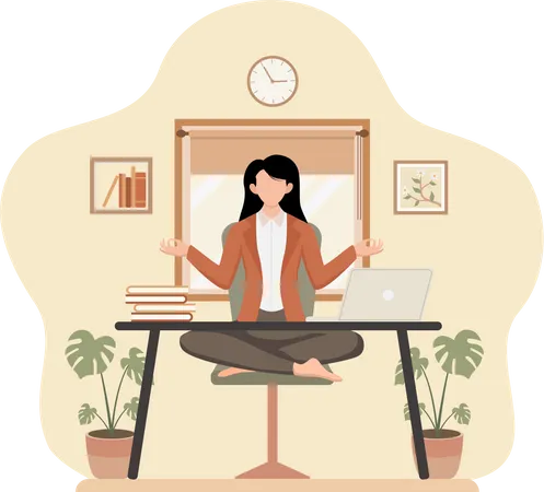 Femme pratiquant le yoga au bureau  Illustration