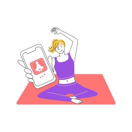 Femme pratiquant le yoga avec une application mobile  Illustration