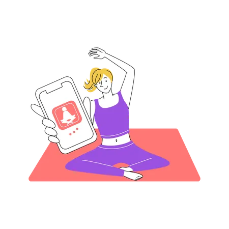 Femme pratiquant le yoga avec une application mobile  Illustration