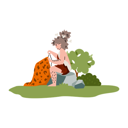 Femme préhistorique cousant une peau d'animal  Illustration