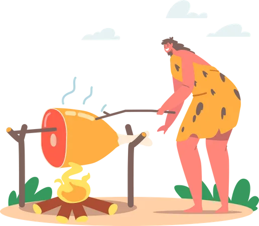 Femme préhistorique faisant frire de la viande sur un feu de joie  Illustration