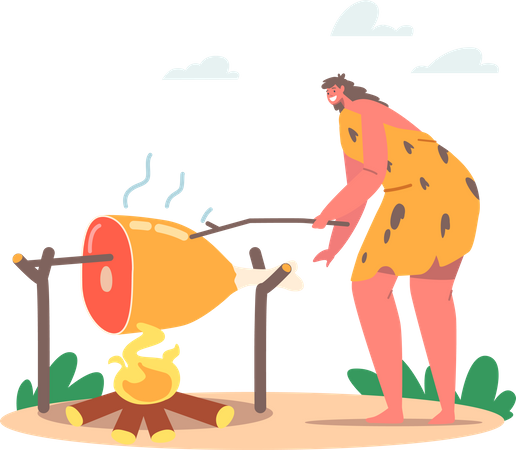 Femme préhistorique faisant frire de la viande sur un feu de joie  Illustration