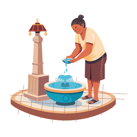 Femme prenant de l'eau à la fontaine publique  Illustration