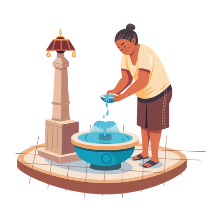 Femme prenant de l'eau à la fontaine publique  Illustration