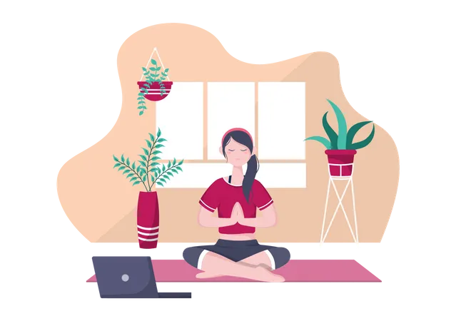 Femme prenant des cours de yoga et de méditation en ligne  Illustration