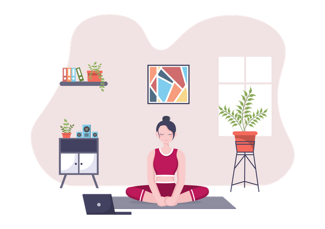 Femme prenant des cours de yoga et de méditation en ligne  Illustration