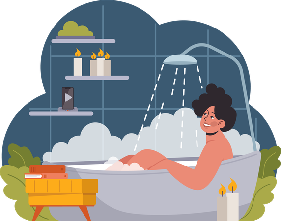 Femme prenant une douche dans la baignoire  Illustration