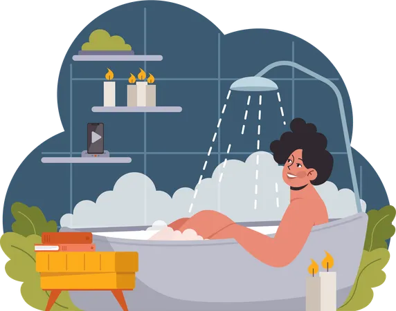 Femme prenant une douche dans la baignoire  Illustration