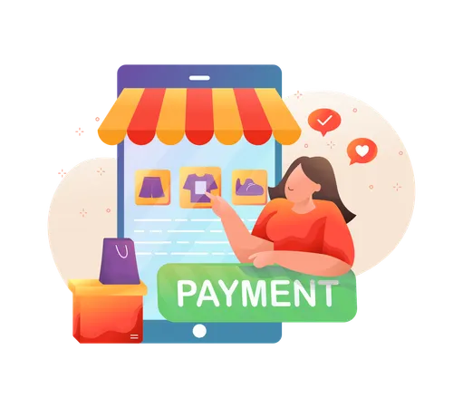 Femme prenant l'option de paiement en ligne pour faire du shopping  Illustration