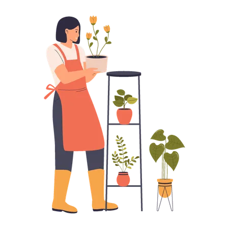 Femme prenant soin de plantes d'intérieur  Illustration