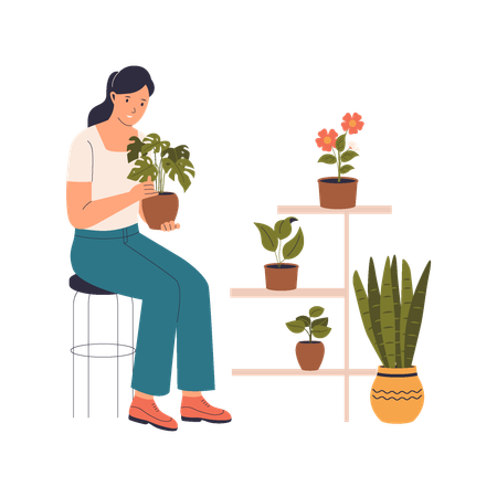 Femme prenant soin de plantes en pot  Illustration