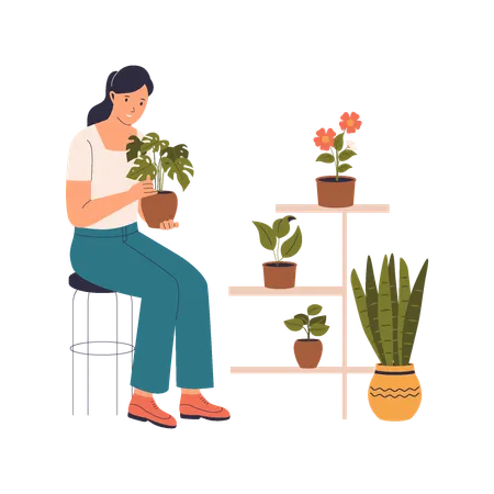 Femme prenant soin de plantes en pot  Illustration