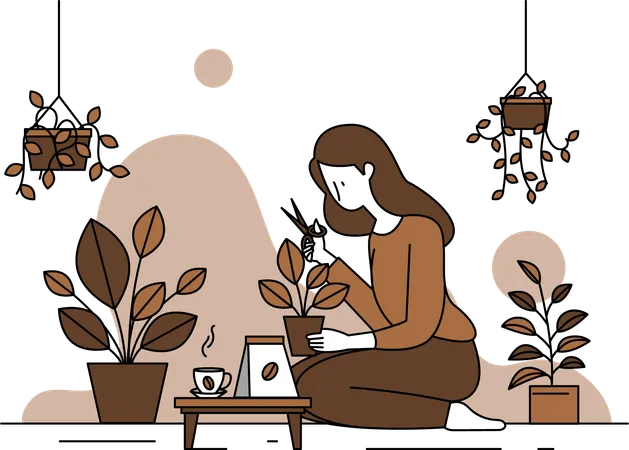 Femme prenant soin des plantes et appréciant le café  Illustration