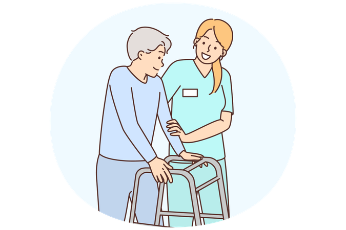 Femme prenant soin d'une personne âgée appuyée sur des échasses pour personnes handicapées  Illustration