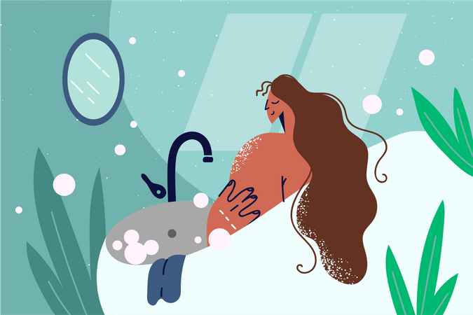 Femme prenant un bain dans la baignoire  Illustration