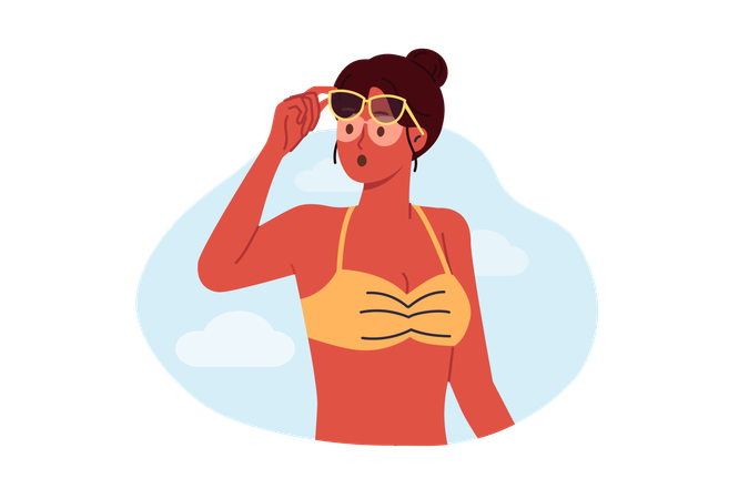 Une femme prenant un bain de soleil a reçu un coup de soleil sur le corps et un bronzage irrégulier à cause des lunettes de soleil sur les yeux  Illustration