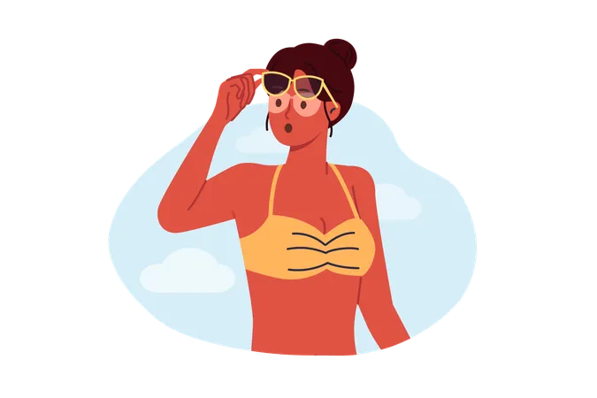 Une femme prenant un bain de soleil a reçu un coup de soleil sur le corps et un bronzage irrégulier à cause des lunettes de soleil sur les yeux  Illustration