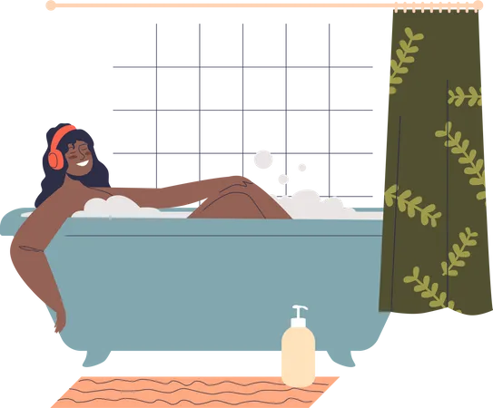 Femme prenant un bain en écoutant de la musique  Illustration