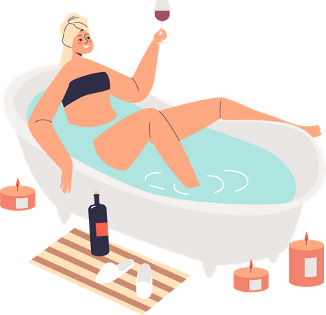 Femme prenant un bain et buvant du vin  Illustration