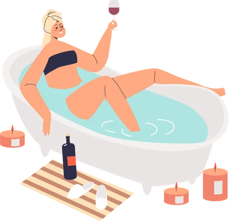 Femme prenant un bain et buvant du vin  Illustration