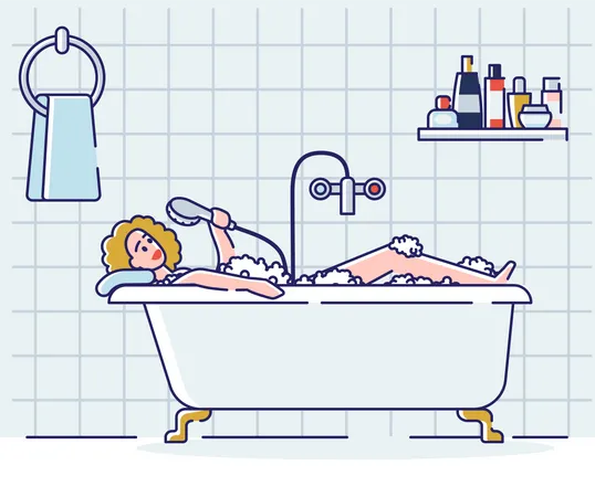 Femme prenant un bain et chantant sous la douche  Illustration