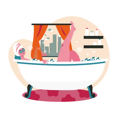 Femme prenant un bain moussant dans la salle de bain  Illustration