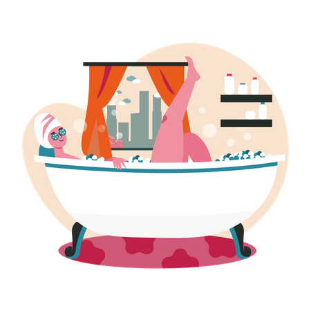 Femme prenant un bain moussant dans la salle de bain  Illustration