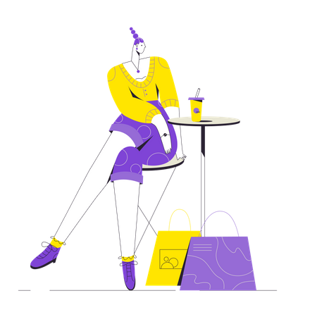 Femme prenant un café après le shopping  Illustration