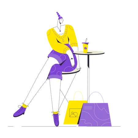 Femme prenant un café après le shopping  Illustration