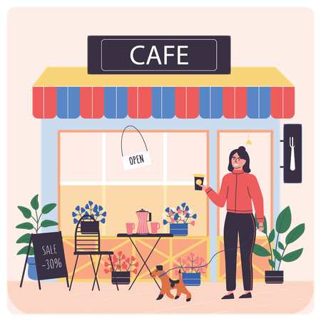 Femme prenant un café au café  Illustration