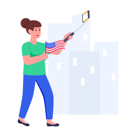 Femme prenant un selfie avec le drapeau des États-Unis  Illustration