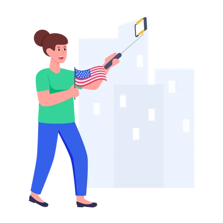 Femme prenant un selfie avec le drapeau des États-Unis  Illustration