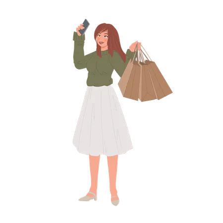 Femme prenant un selfie avec un smartphone après le shopping  Illustration