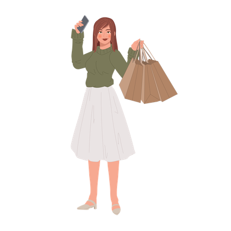 Femme prenant un selfie avec un smartphone après le shopping  Illustration