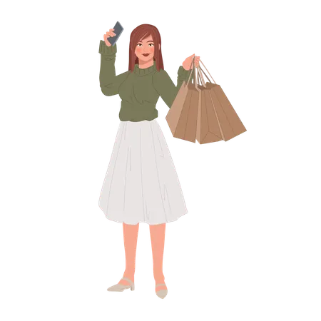 Femme prenant un selfie avec un smartphone après le shopping  Illustration