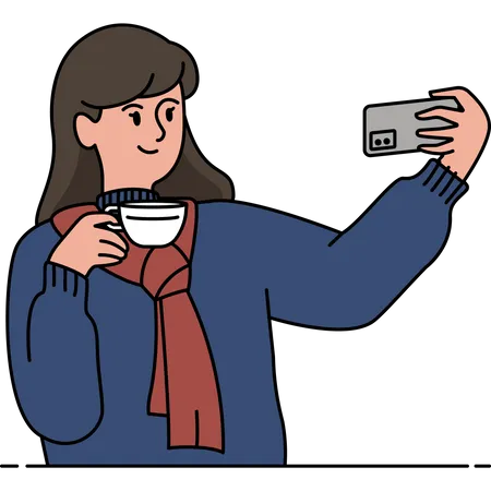 Femme prenant un selfie dans un café  Illustration