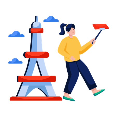 Femme prenant un selfie à la tour Eiffel  Illustration