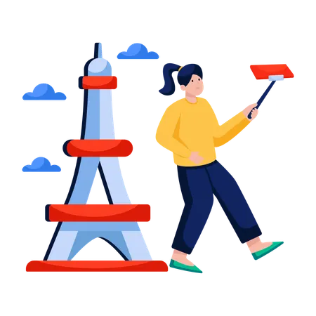 Femme prenant un selfie à la tour Eiffel  Illustration