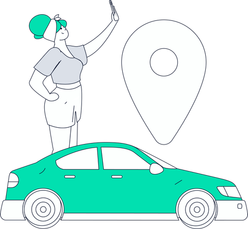 Femme utilisant un service de taxi en ligne  Illustration