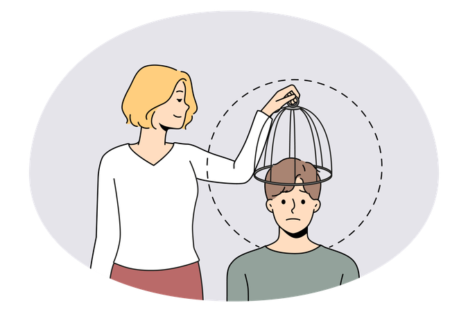 Une femme prend la cage de l'esprit d'une personne emprisonnée  Illustration
