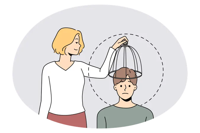 Une femme prend la cage de l'esprit d'une personne emprisonnée  Illustration