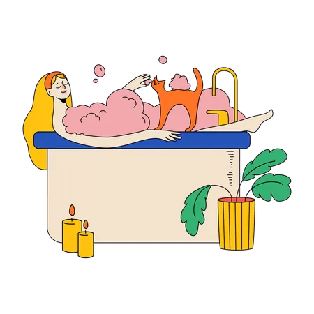 Une femme prend un bain avec son chat  Illustration
